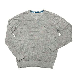 Travis Mathew men’s v neck gray rainbow striped sweater size XL pullover